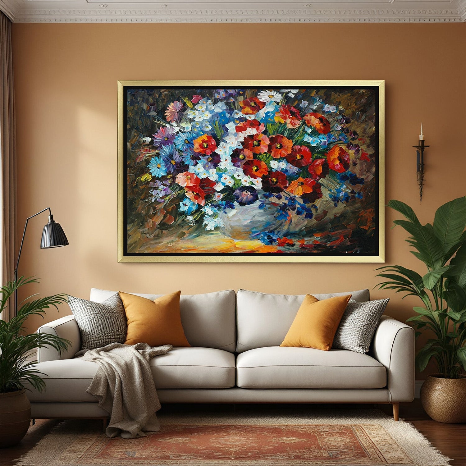 Golden-framed wall art of an ancient flower vase with classic painted flowers, perfect for luxury or heritage-inspired home decor
