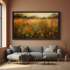 Black-framed vintage canvas of blooming garden scene—ancient-style floral wall art for classic interiors