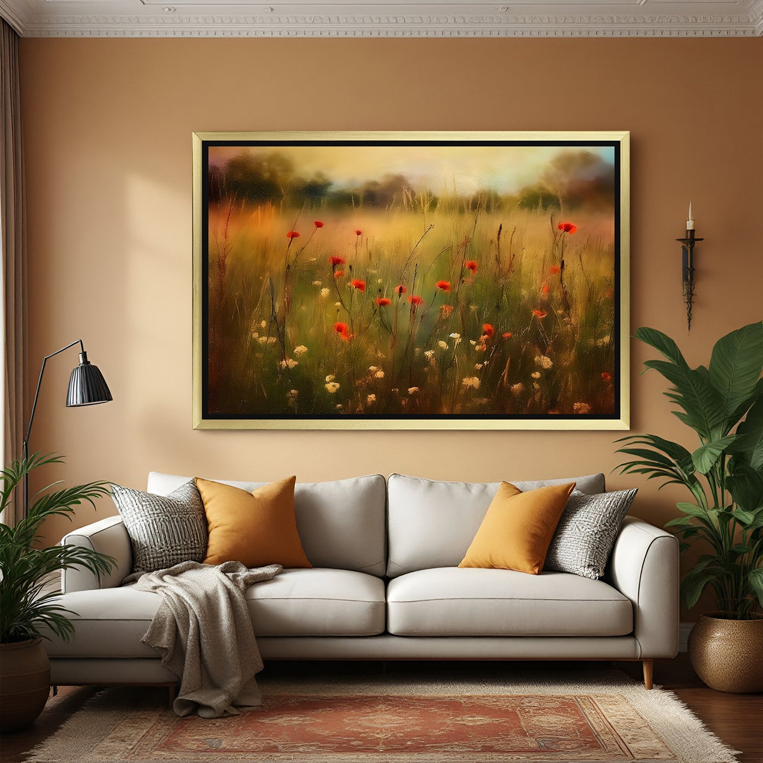 Golden-framed canvas printed wall art of vintage flower garden—elegant botanical artwork for serene and antique spaces