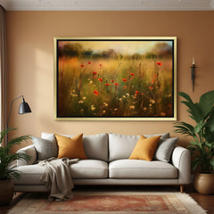 Golden-framed canvas printed wall art of vintage flower garden—elegant botanical artwork for serene and antique spaces