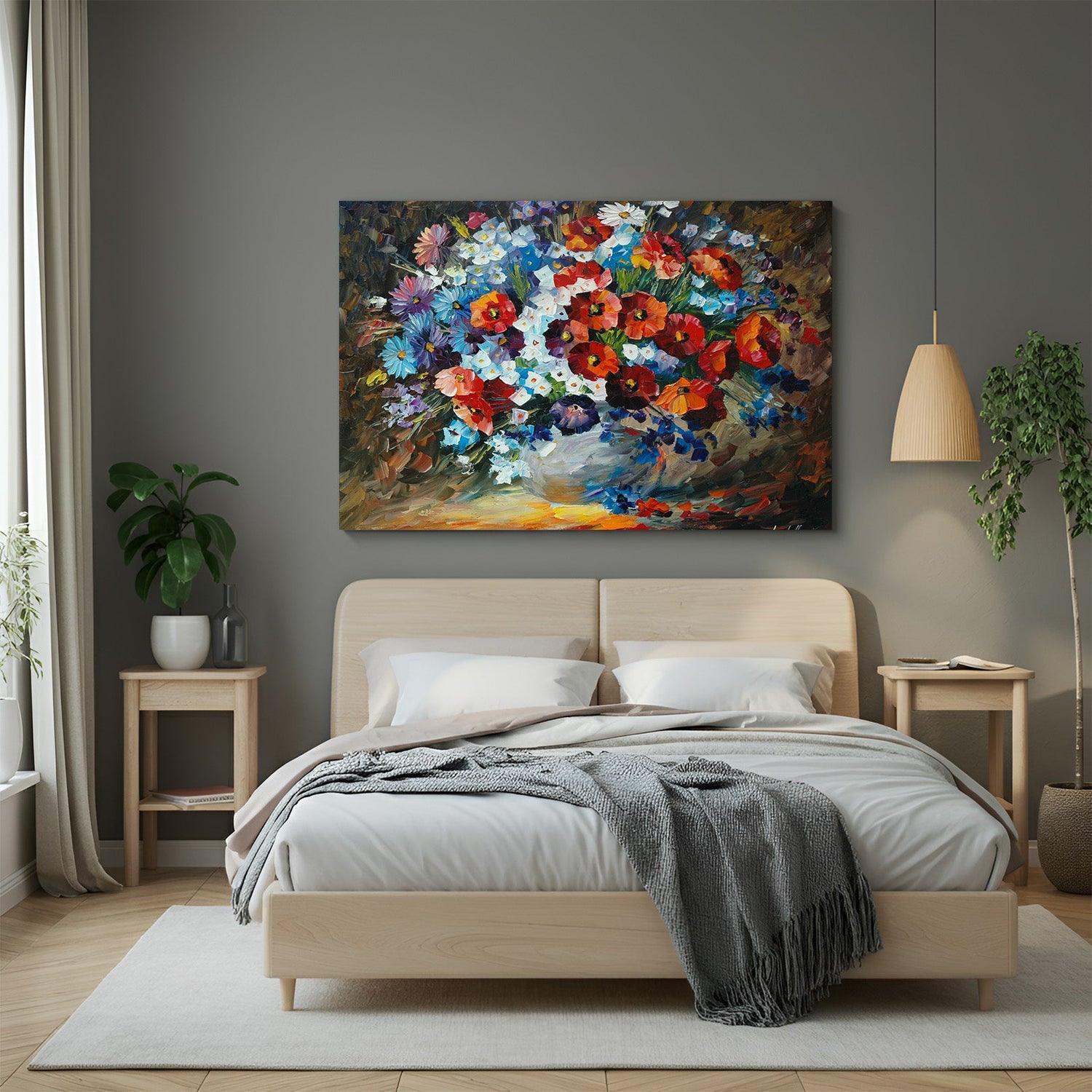Canvas wall art showing an ancient-style flower pot with blooming flowers, ideal for classical and refined home interior decoration