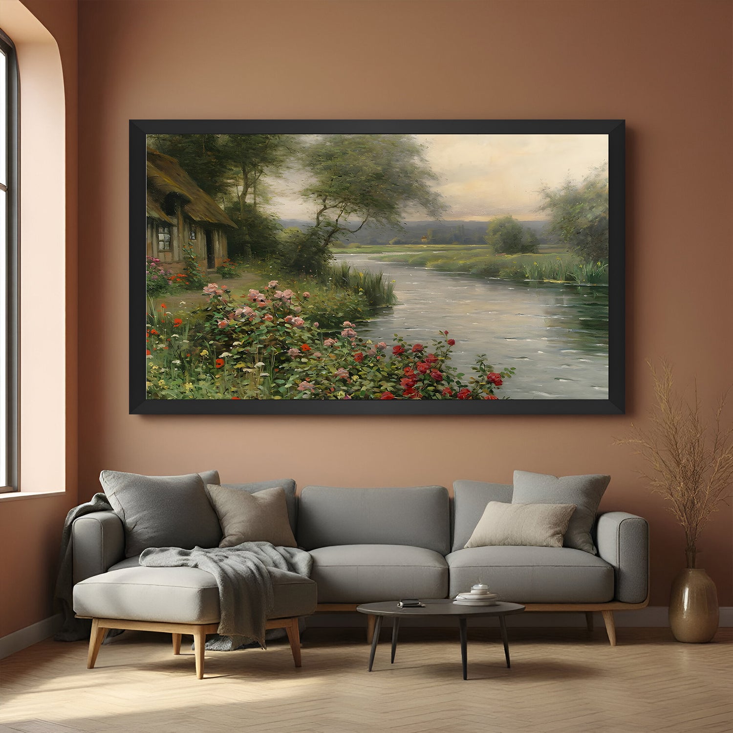 Black-framed ancient-style canvas art showing house, river, and floral landscape—classic wall decor