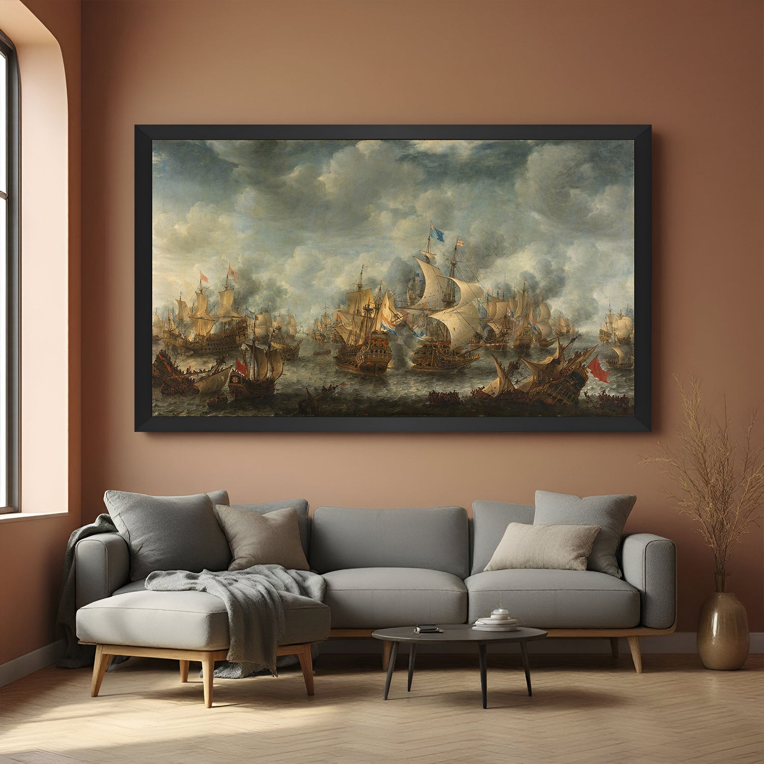 Black-framed canvas of sea war scene with many battleships—historic vintage wall decor