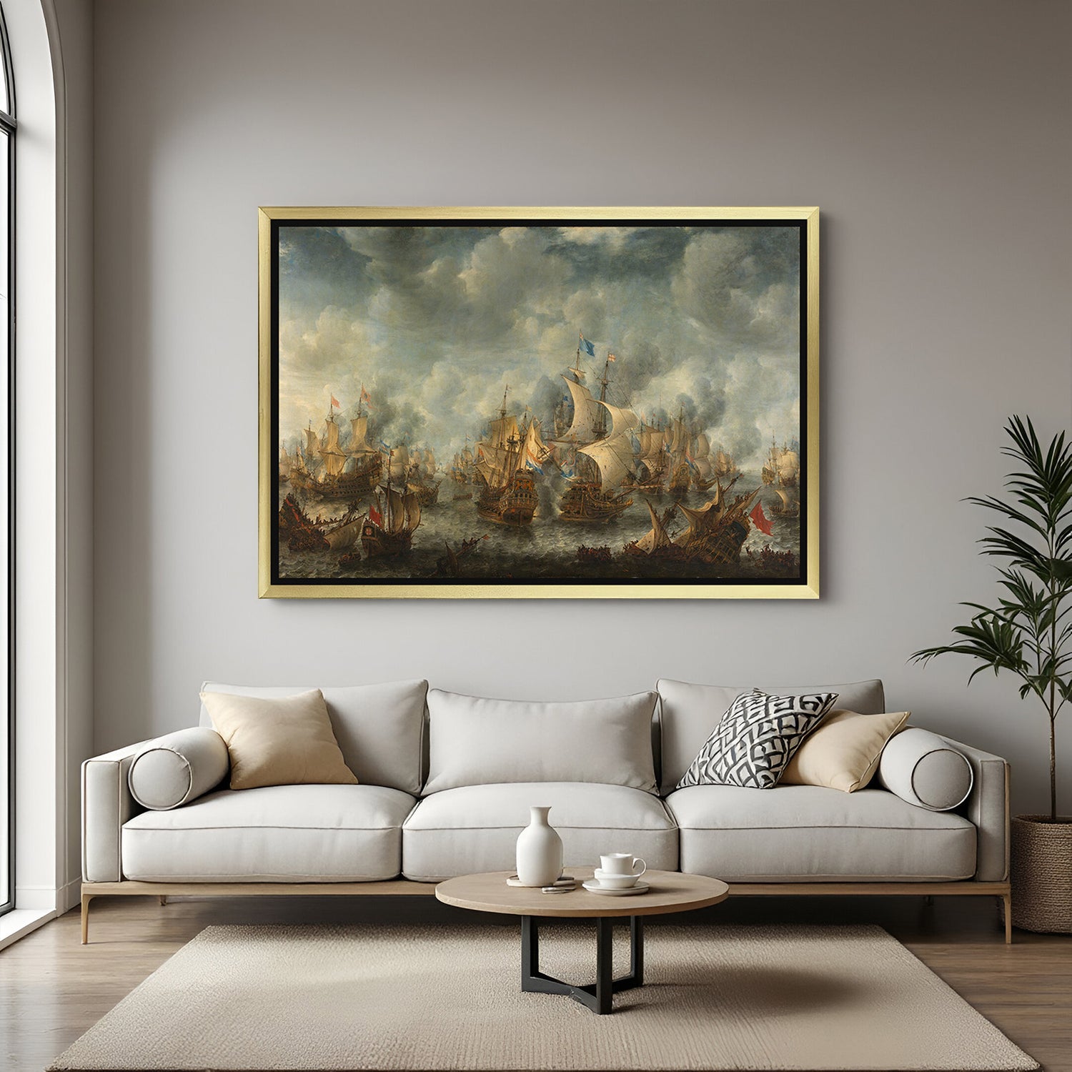 Golden-framed canvas wall art showing ancient navy battle with multiple ships—vintage style for classic interiors