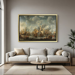 Golden-framed canvas wall art showing ancient navy battle with multiple ships—vintage style for classic interiors