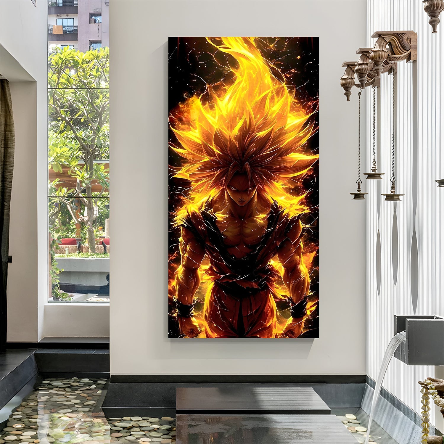 Angry Goku Super Saiyan canvas painting with yellow anime aura artwork in canvas wrapped frame
