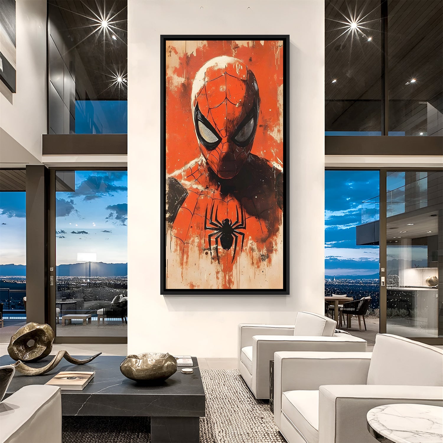 Spider-Man angry close-up superhero artwork in elegant black floater frame with red background