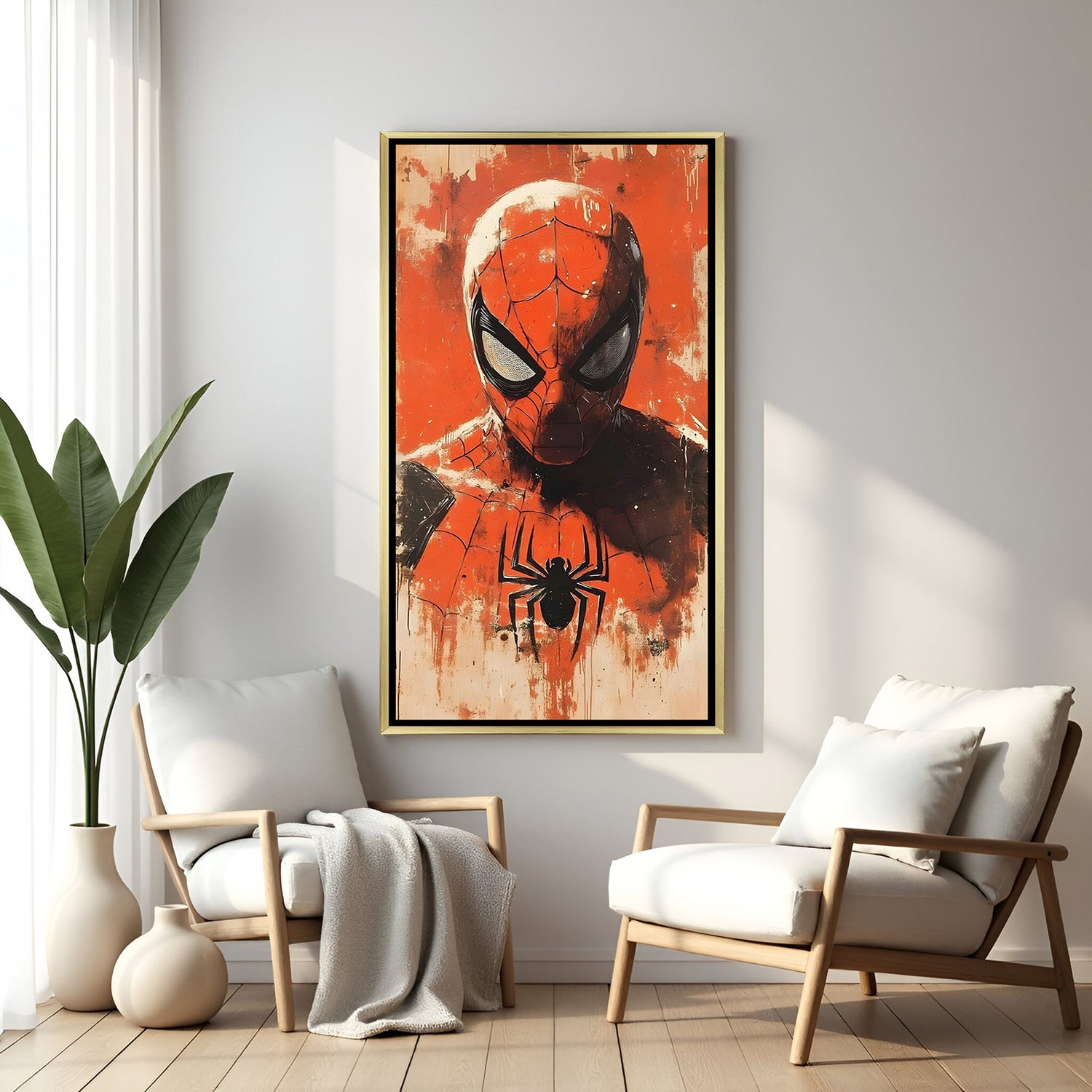Spider-Man intense Marvel artwork in luxury golden floater frame with dramatic red background