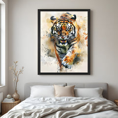 Fierce tiger canvas painting in black floater frame, ideal for gym walls, executive rooms, or power-themed decor setups