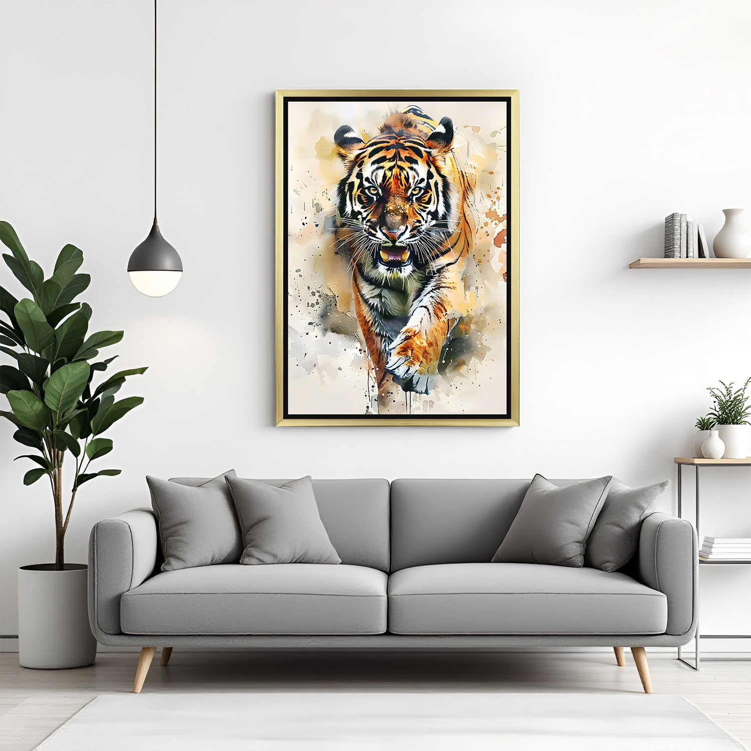 Golden frame canvas wall art of angry tiger, designed to bring bold energy, focus, and wild intensity to powerful modern interiors