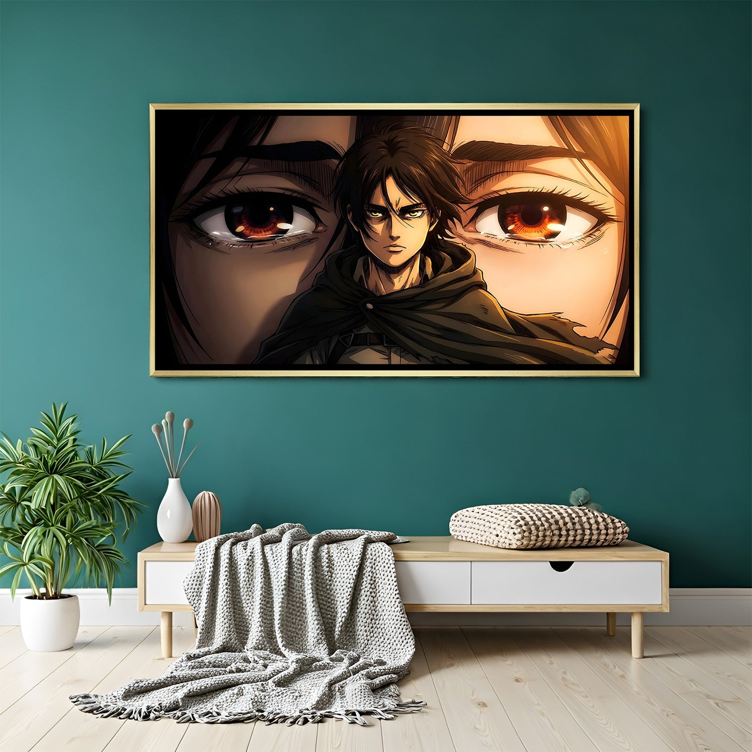Anime portrait canvas wall art with glowing eyes and golden frame