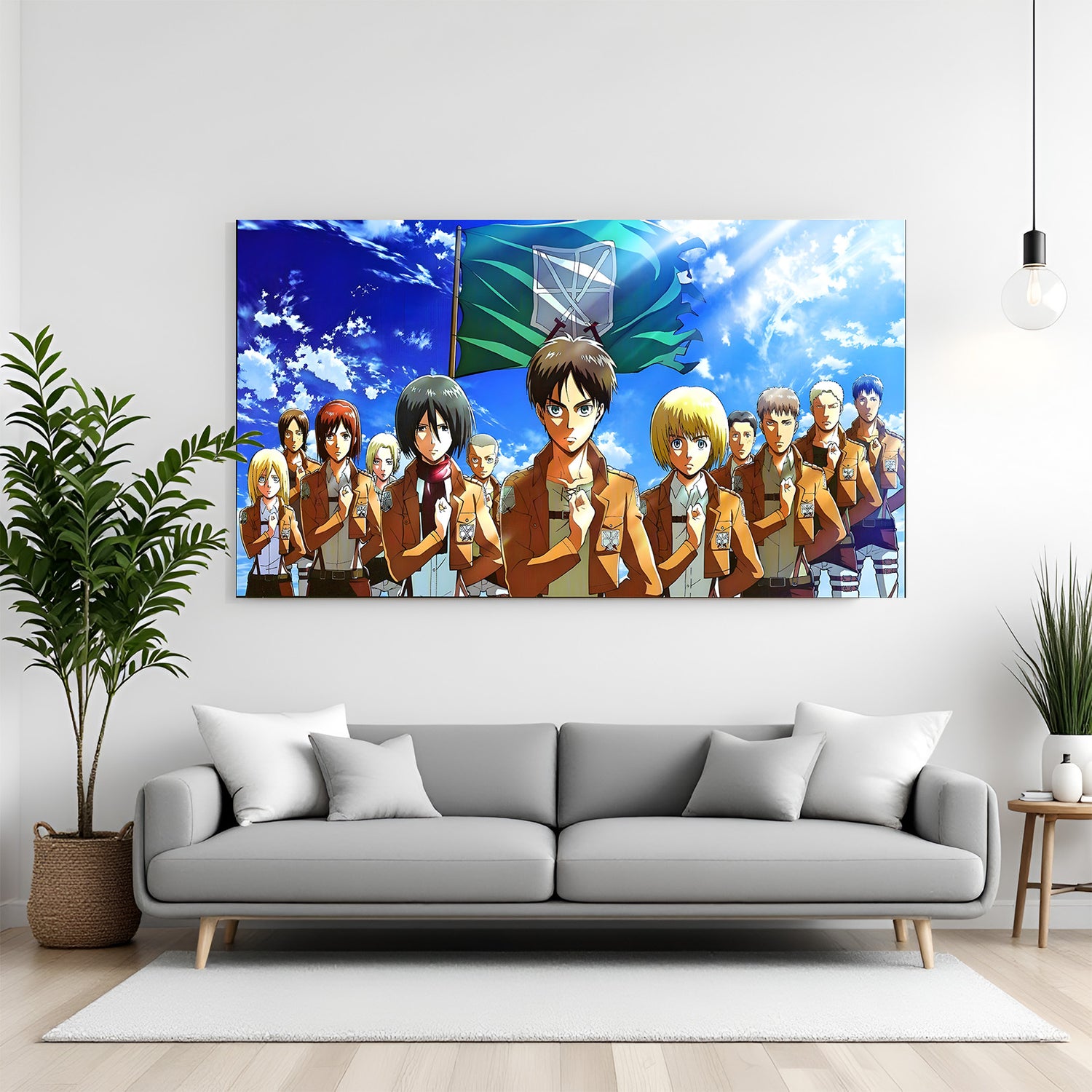 Anime squad canvas wall art with characters standing under flag