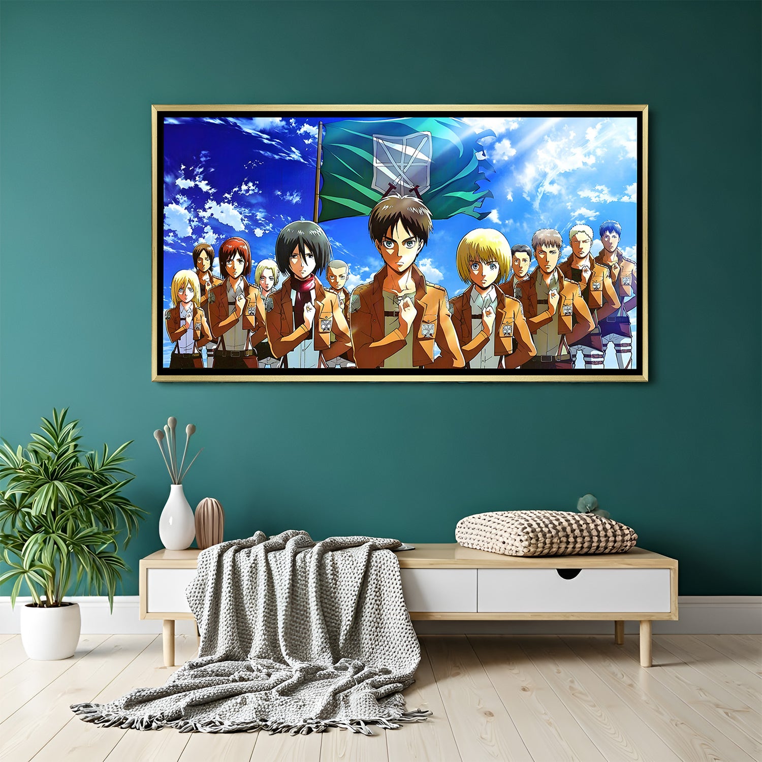 Anime group canvas wall art with golden frame