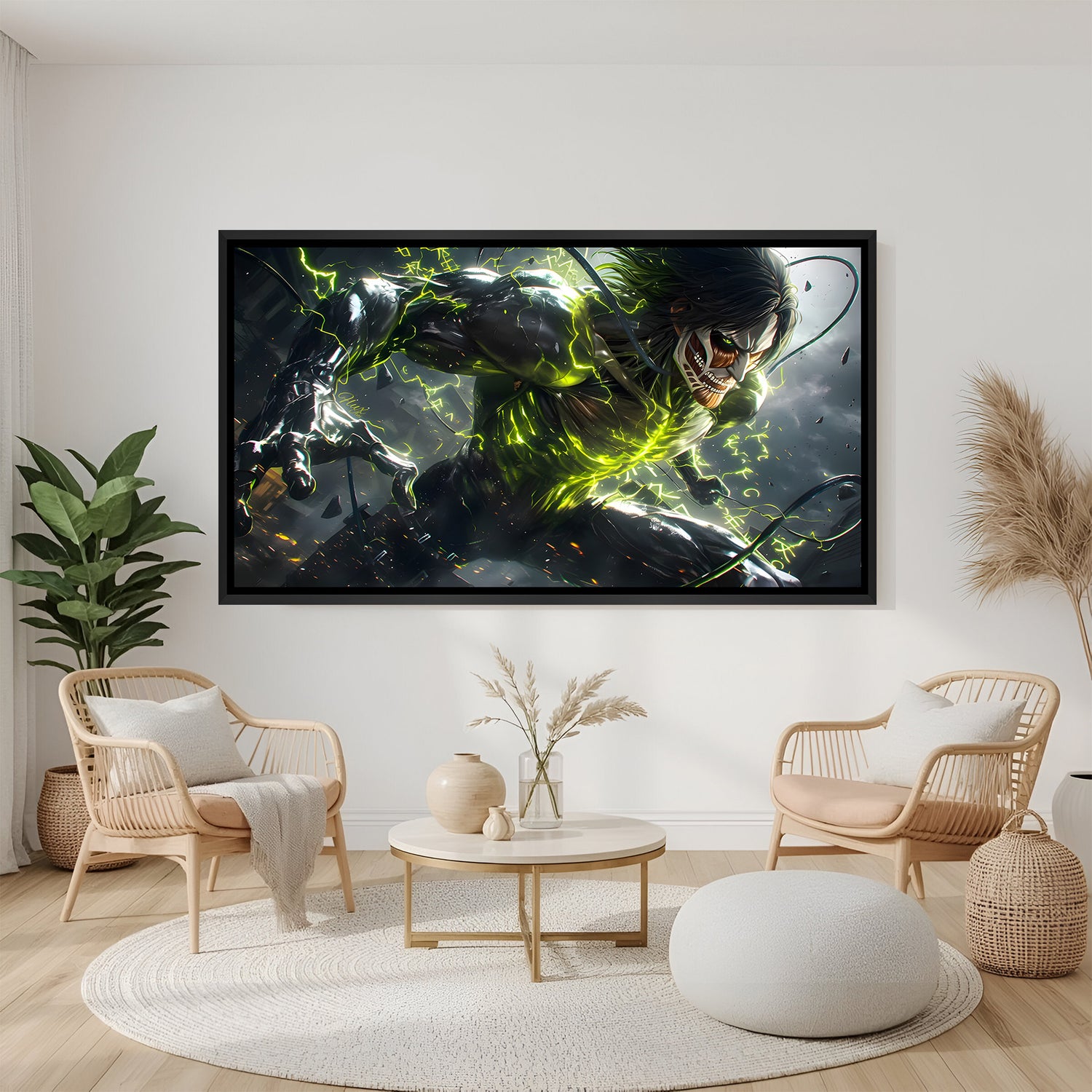 Dark anime titan artwork in black floater frame with green lightning