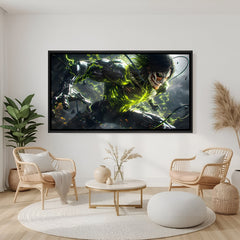 Dark anime titan artwork in black floater frame with green lightning