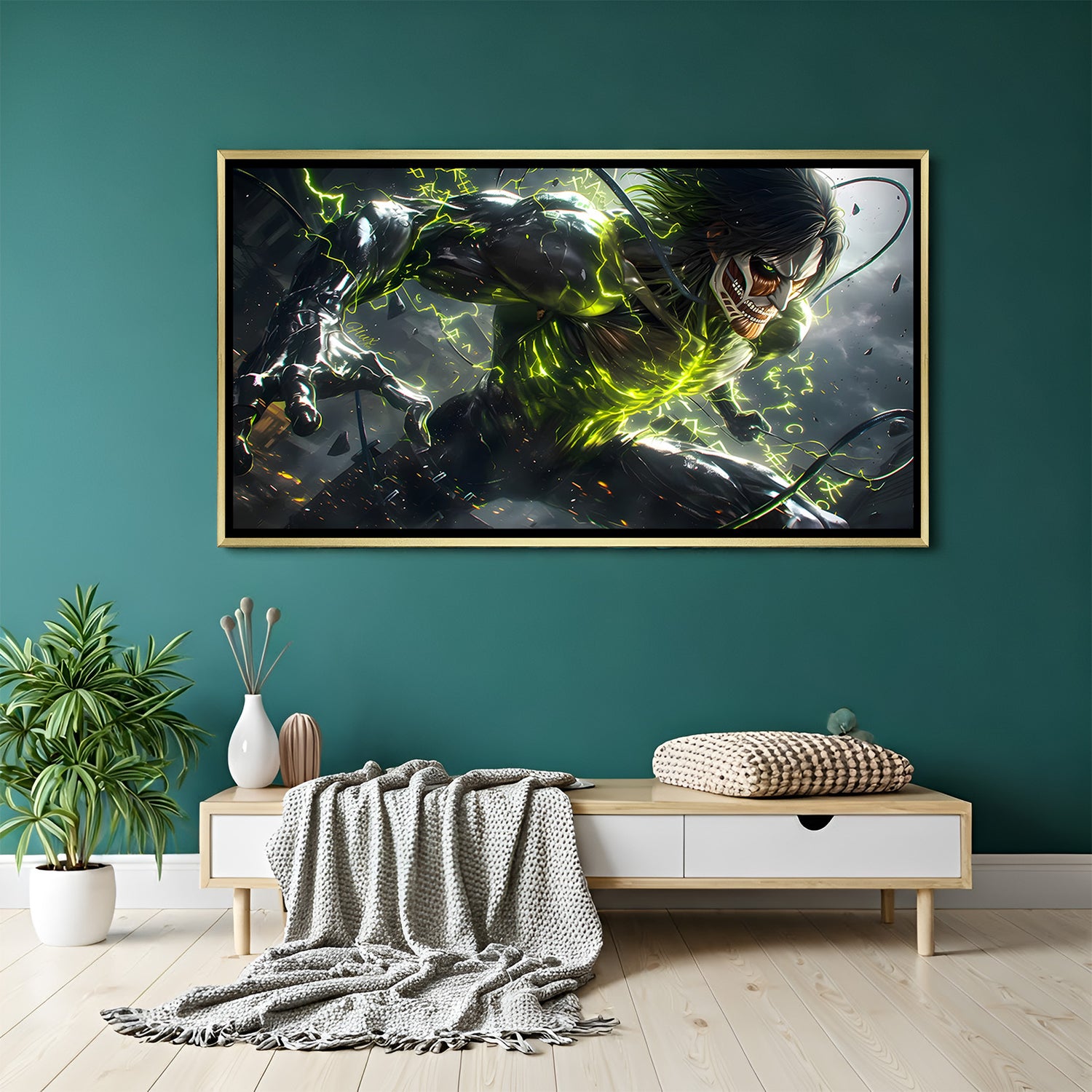 Anime titan canvas wall art with glowing green energy and golden frame