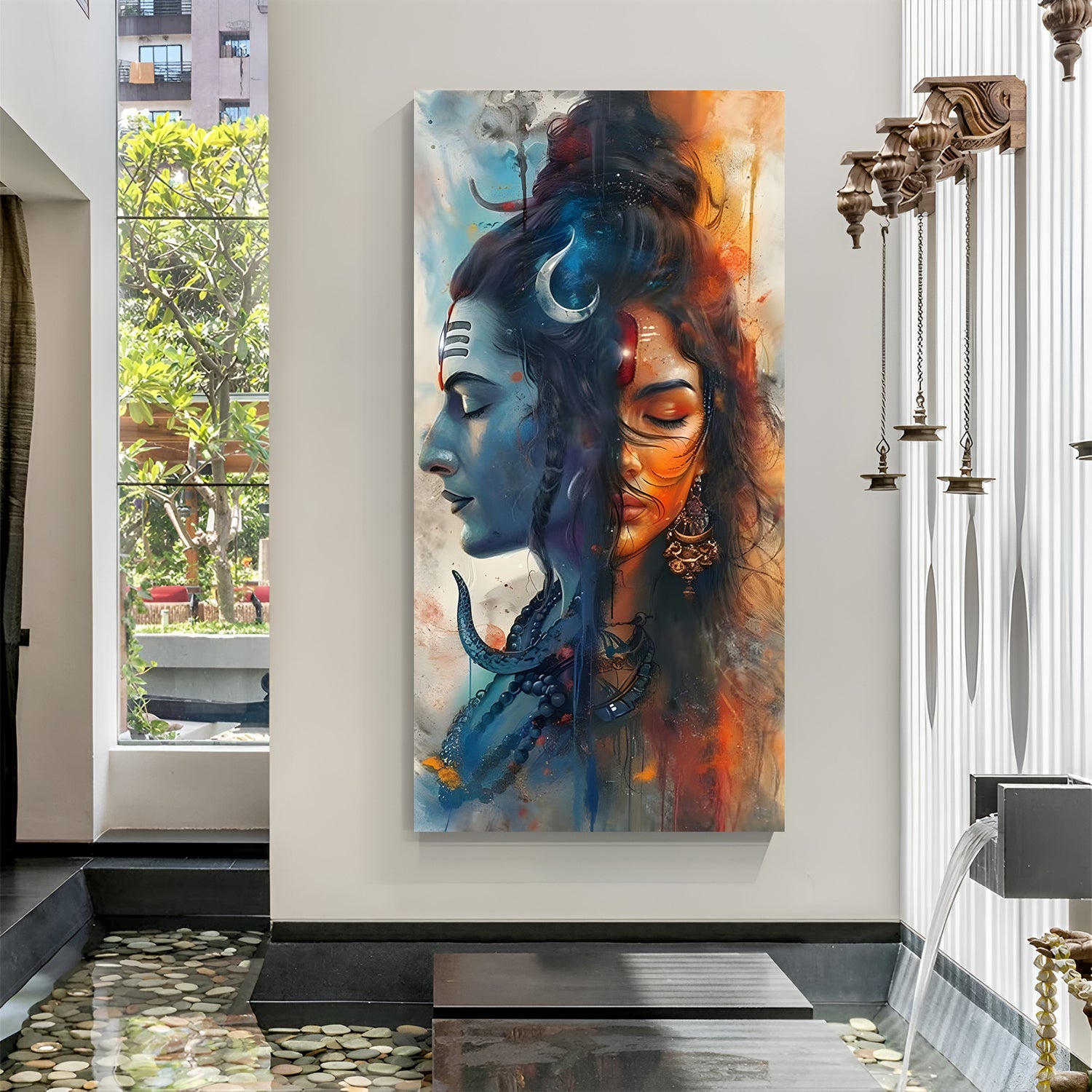 Ardhanarishvara Shiva Shakti vertical canvas wrap wall art modern spiritual decor India