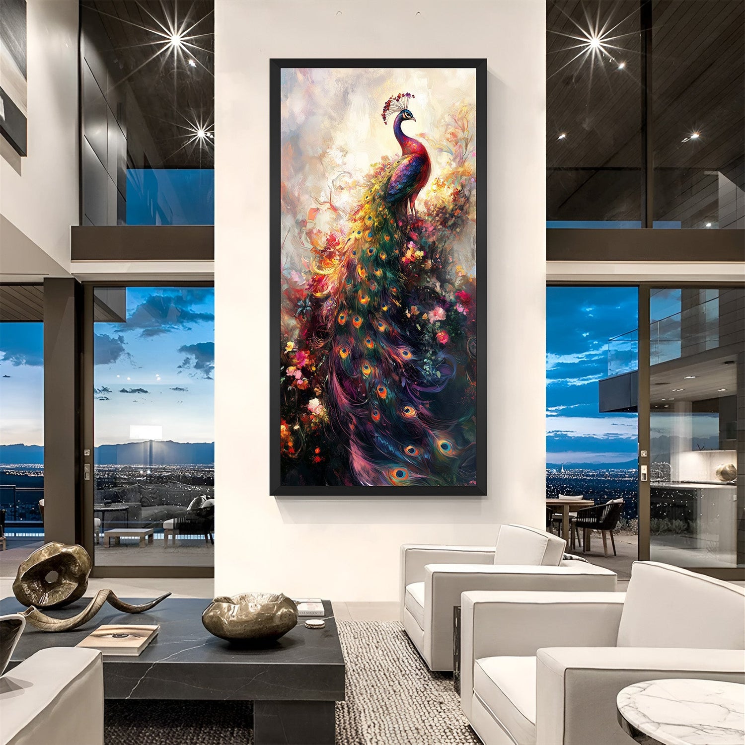 Black frame artistic peacock canvas painting enhancing beauty, confidence, and aesthetic luxury for modern interior walls