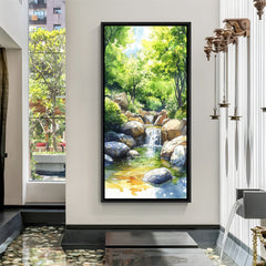 Artistic Waterfall Hand Painting in Black Floater Frame | Hand Painted Canvas Wall Art