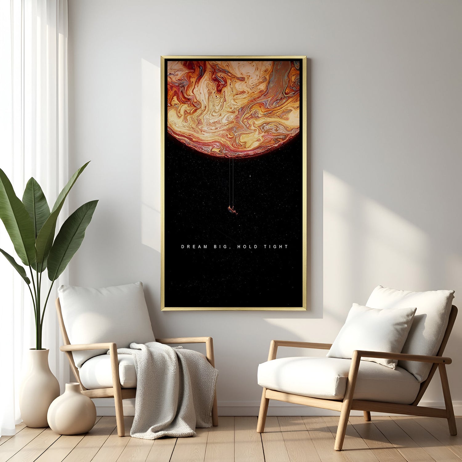 Golden framed astronaut canvas with wallet and planet art – Dream Big Hold Tight motivational decor