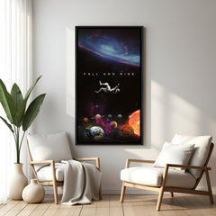 Astronaut wall art in black footer frame with Fall and Rise text – space themed motivational decor