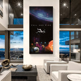 Astronaut canvas wall art without frame floating in space with Fall and Rise motivational quote