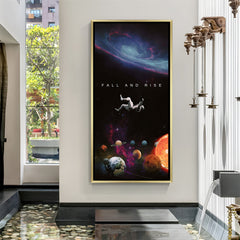 Fall and Rise astronaut canvas in golden footer frame – inspirational space wall art for home or office