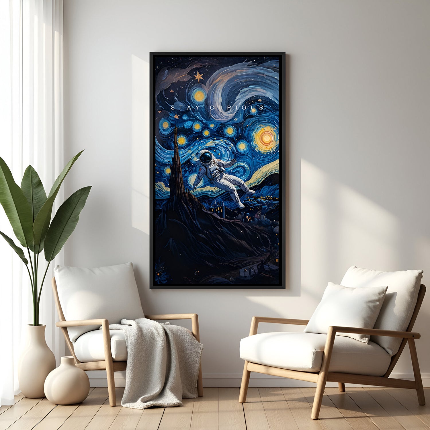 Astronaut motivational artwork with black footer frame and Stay Curious text in a cosmic background