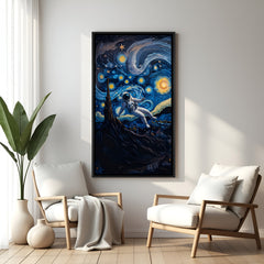 Astronaut motivational artwork with black footer frame and Stay Curious text in a cosmic background