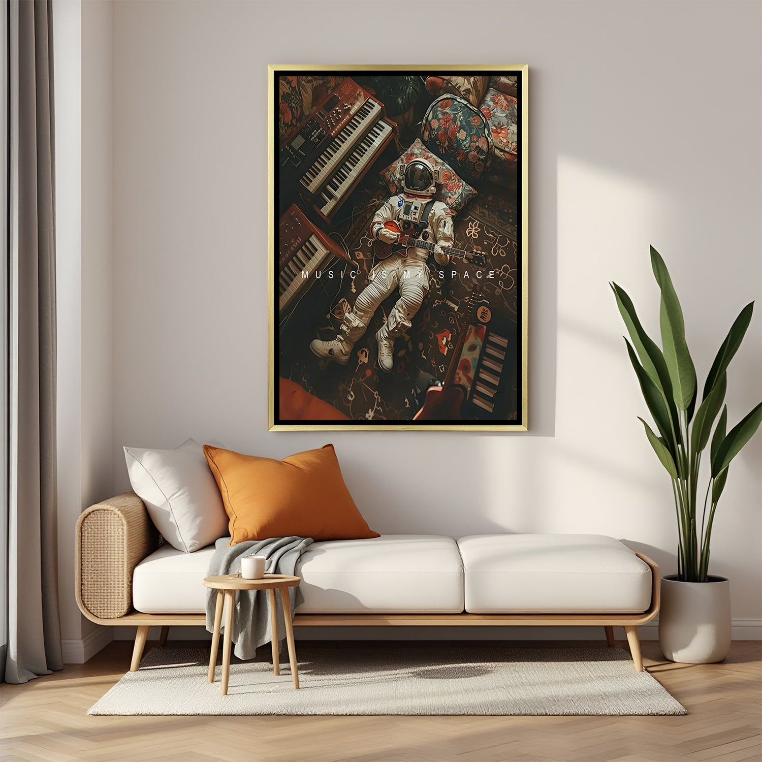 space-themed golden frame canvas featuring astronaut with guitar and “Music is my space” message, stylish decor for music room or home office
