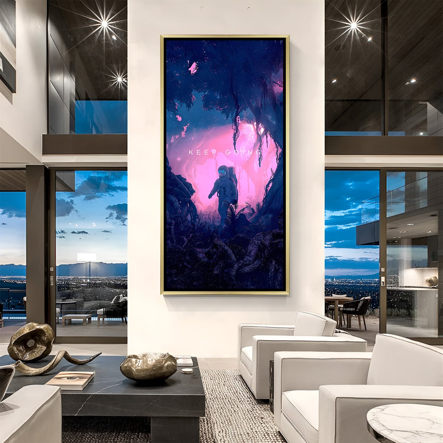 Dreamy canvas painting of astronaut exploring an unknown world with “Keep Going” message – perfect for uplifting modern spaces.