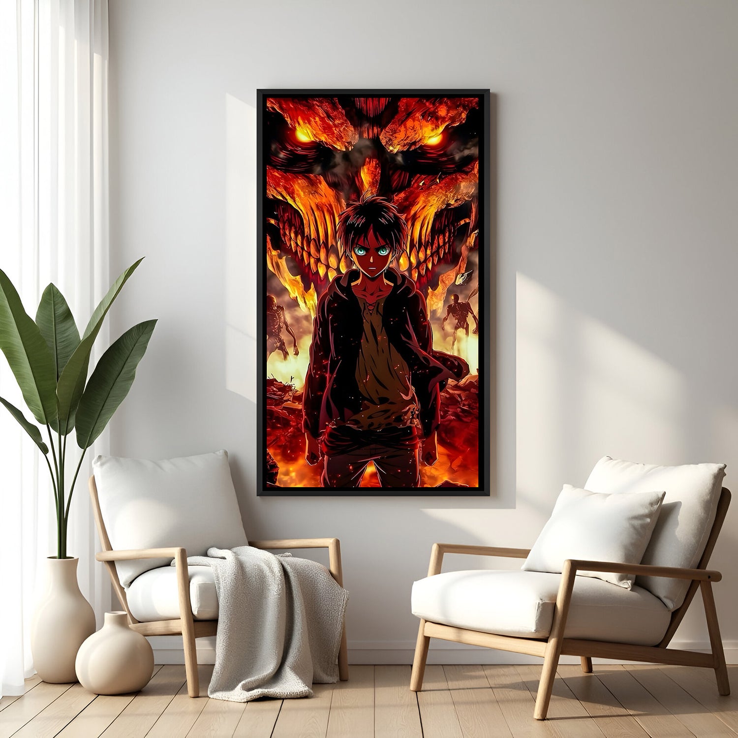 Attack on Titan anime canvas artwork in premium black floater frame for gaming room decor