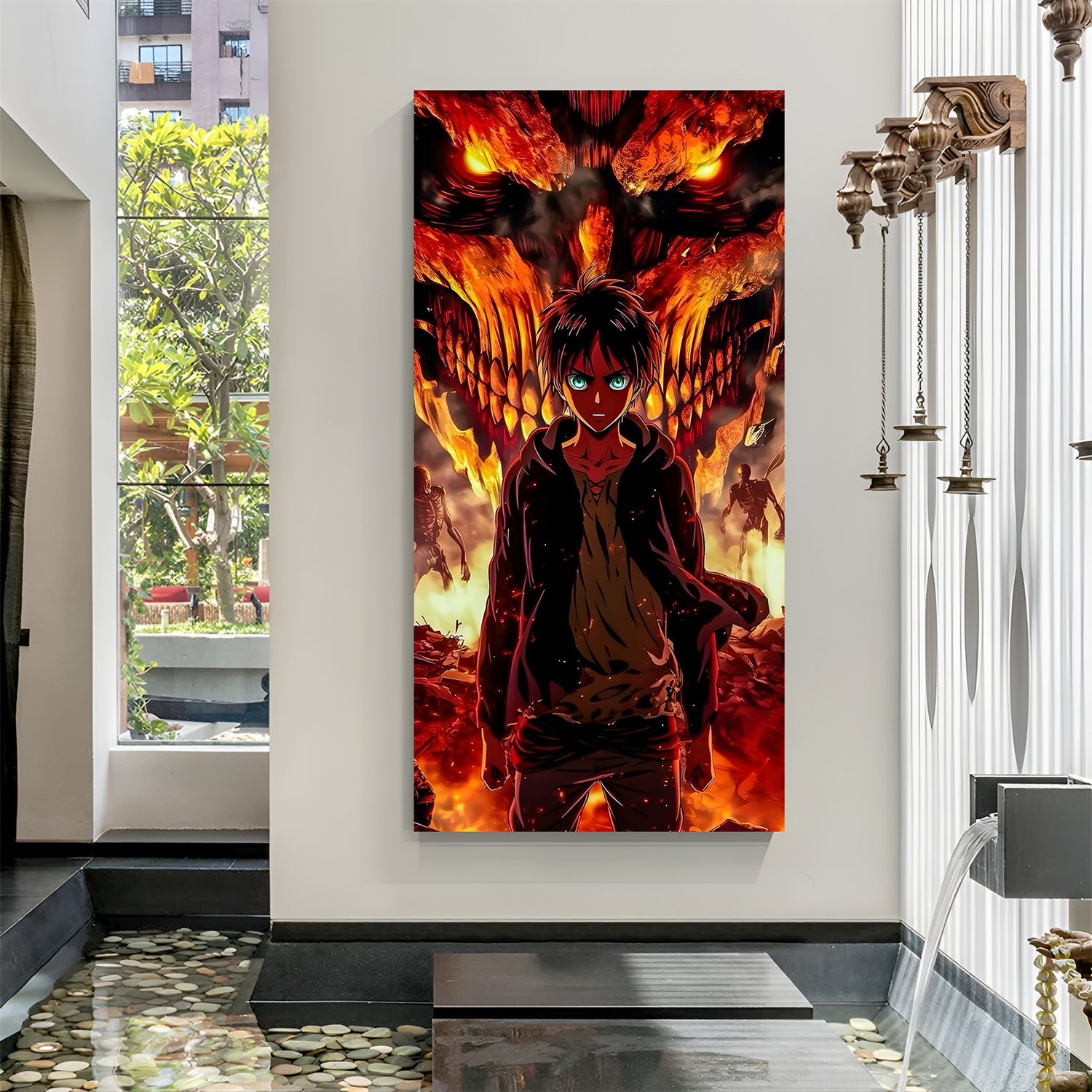 Attack on Titan canvas painting with fiery titan anime artwork in canvas wrapped frame
