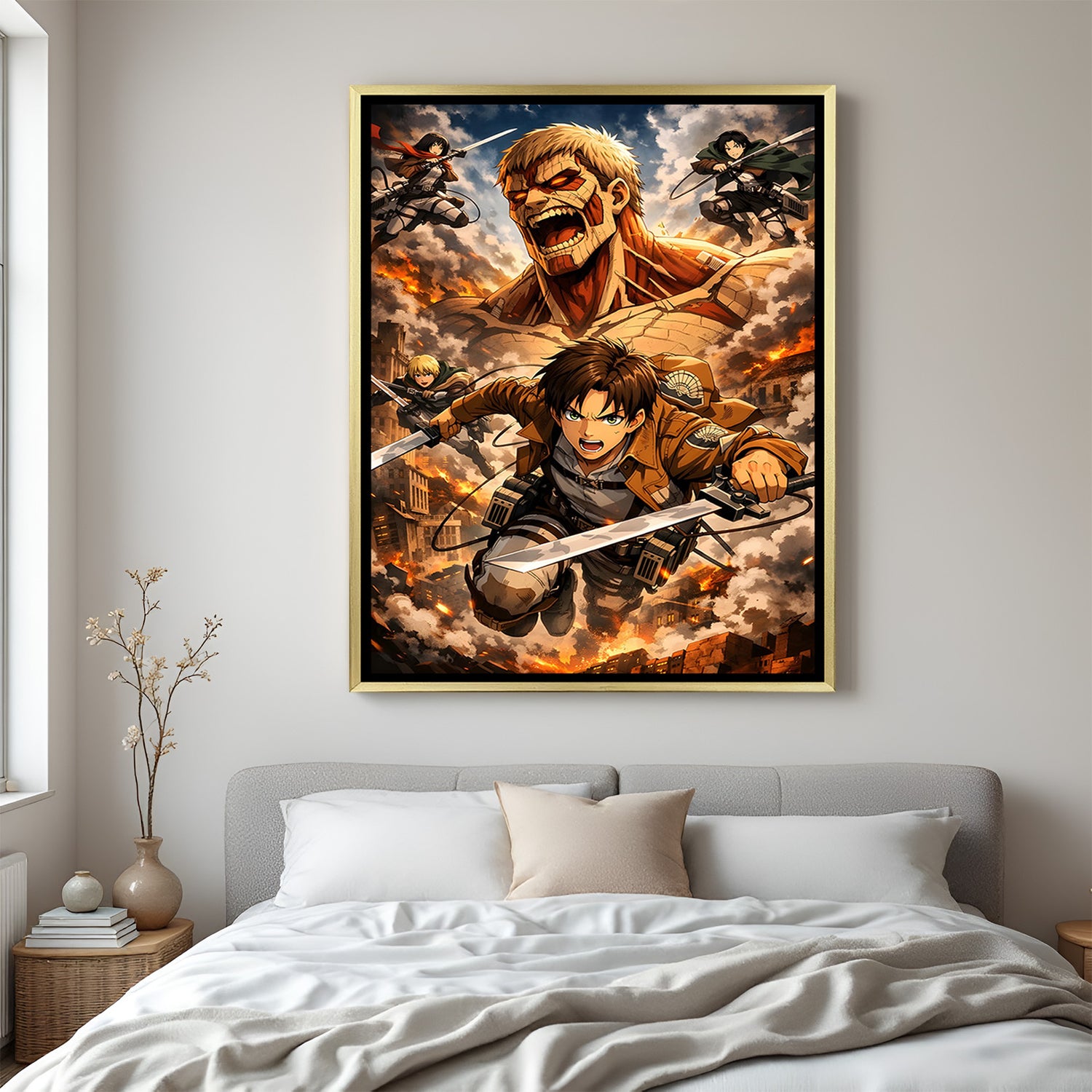 Attack on Titan theme wall art in luxury golden floater frame with dramatic anime design