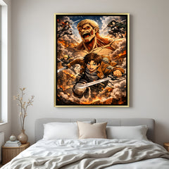 Attack on Titan theme wall art in luxury golden floater frame with dramatic anime design
