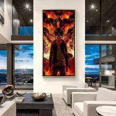 Attack on Titan wall art in luxury golden floater frame with fiery anime titan design