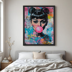 Audrey Hepburn Bubble Gum artwork in black floater frame, a quirky and elegant canvas wall art piece perfect for chic office walls or modern bedrooms