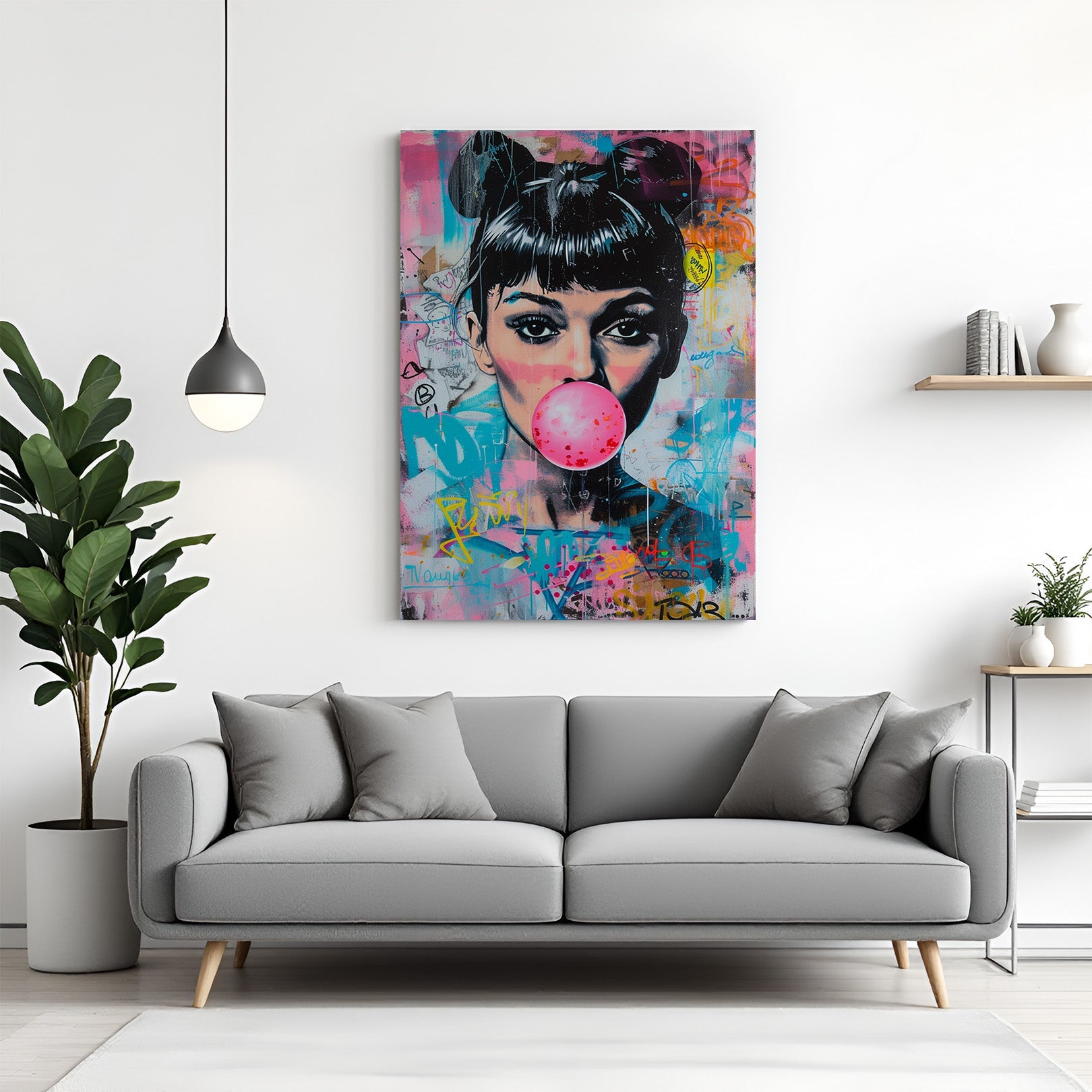 Audrey Hepburn Bubble Gum – Quirky Canvas Wall Art for Stylish