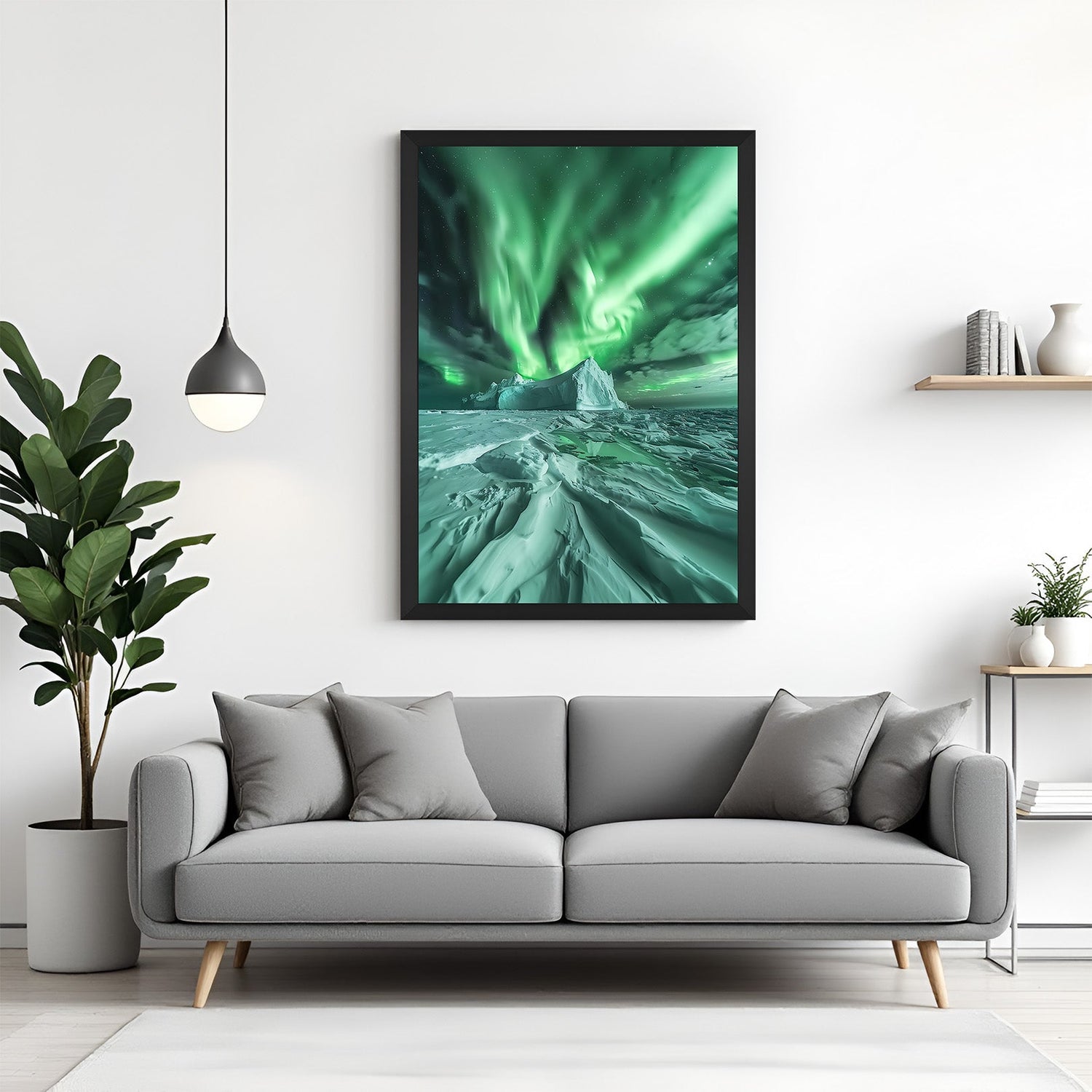 Aurora canvas painting with black floater frame, featuring a white sand landscape and green night sky for calming home decor