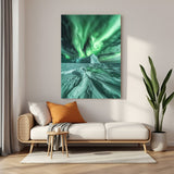 Canvas wall art of glowing green aurora over soft white sand, creating a peaceful and surreal nature scene for serene and modern interiors