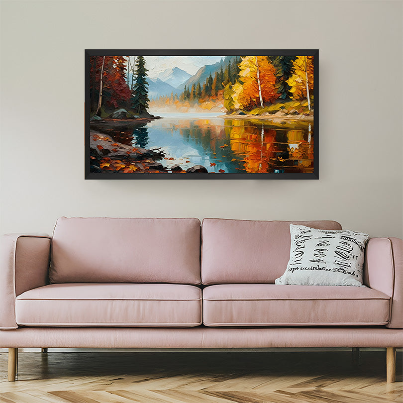 Hand painted autumn lake canvas wall art in black floater frame – landscape painting