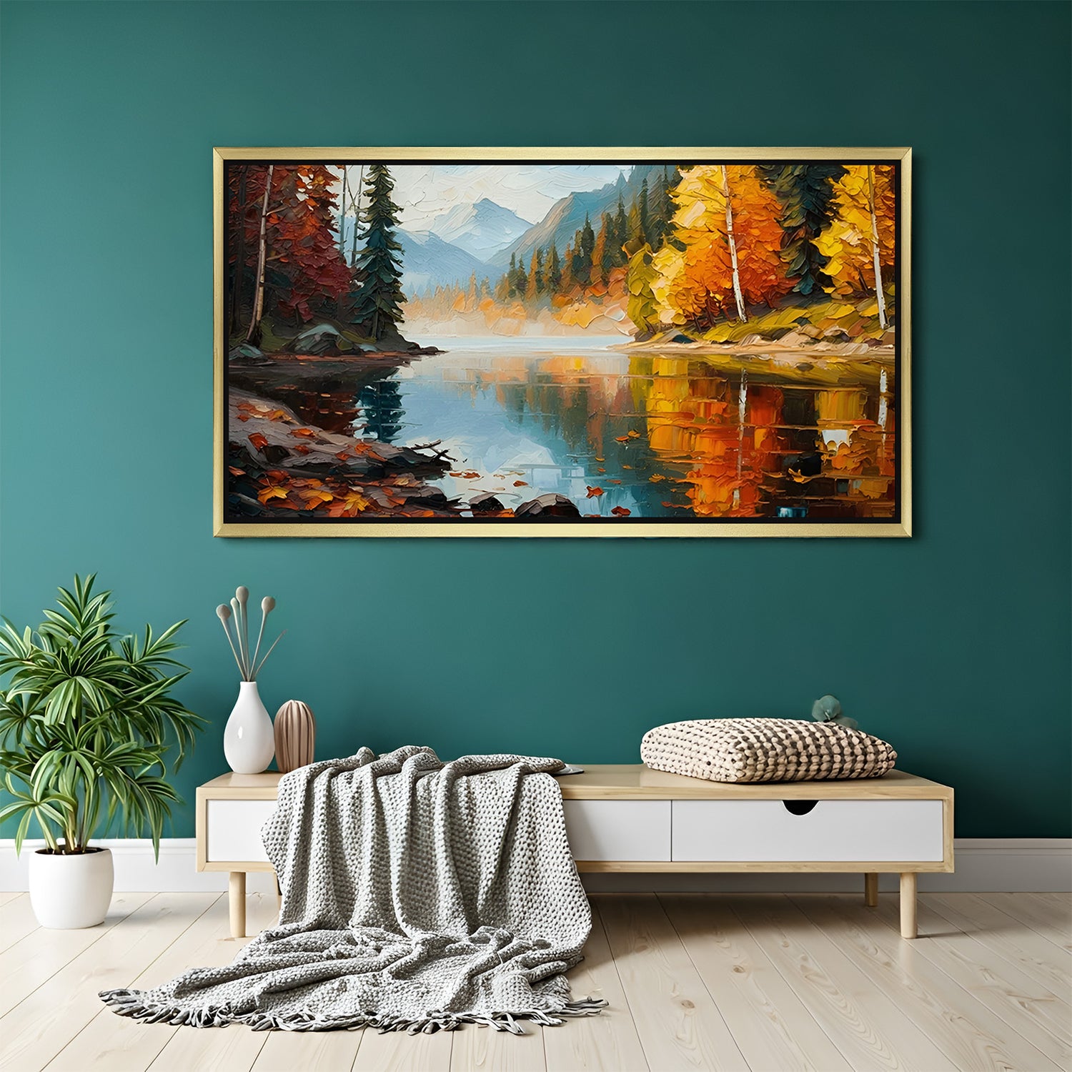 Hand painted autumn lake canvas wall art in golden floater frame – mountain landscape painting