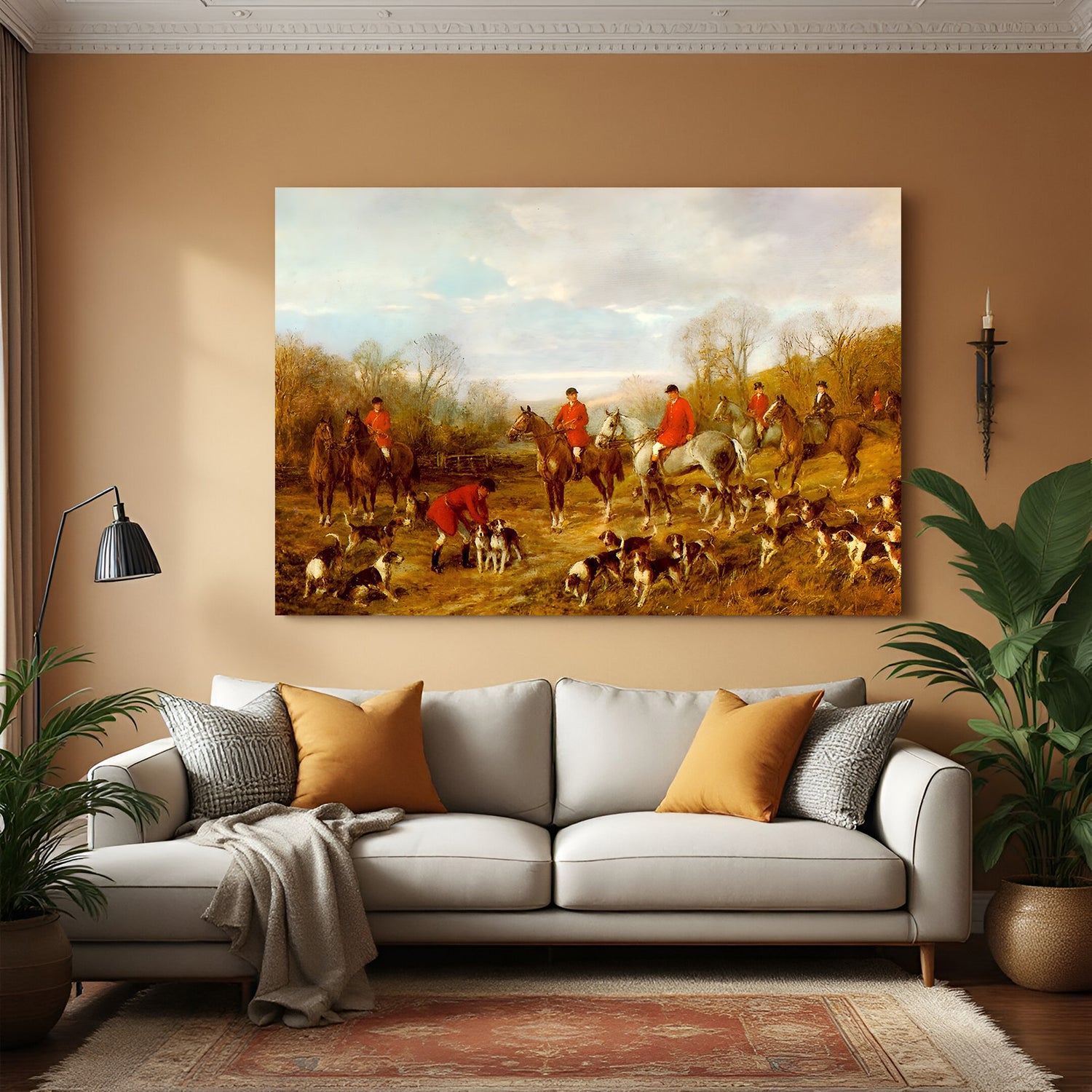 Vintage canvas wall art of Autumn Meeting by Heywood Hardy—elegant English fox hunting scene with horses and dogs
