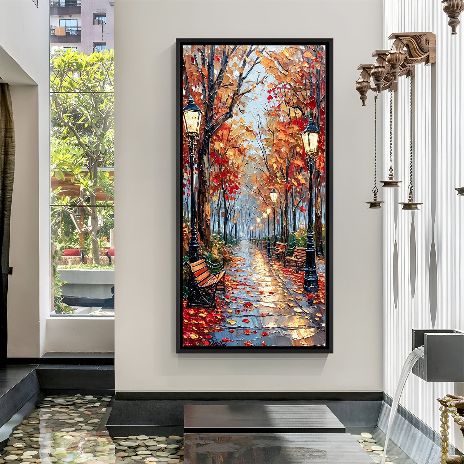 Autumn Nature Walk Hand Painted Canvas Wall Art with Pathway and Trees in Black Floater Frame