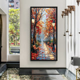 Autumn Nature Walk Hand Painted Canvas Wall Art with Pathway and Trees in Black Floater Frame