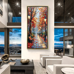 Autumn Nature Walk Hand Painted Canvas Wall Art with Pathway and Trees in Golden Floater Frame