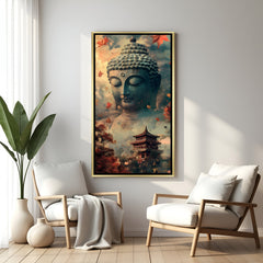 Alt Text

Luxury Buddha autumn canvas in gold floater frame featuring temple and falling leaves.