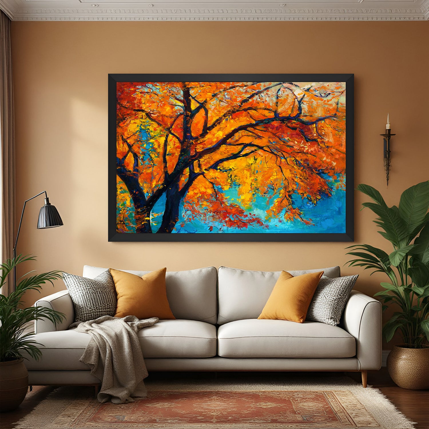 Autumn tree hand painted canvas wall art with vibrant orange leaves in black floater frame