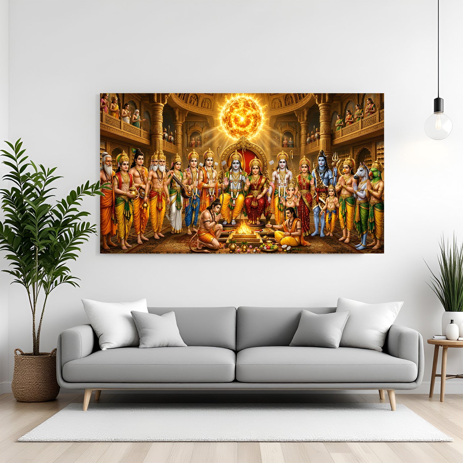 Ram Darbar canvas wall art featuring Lord Rama and Sita on a royal throne with Lakshmana Bharata Shatrughna and Hanuman