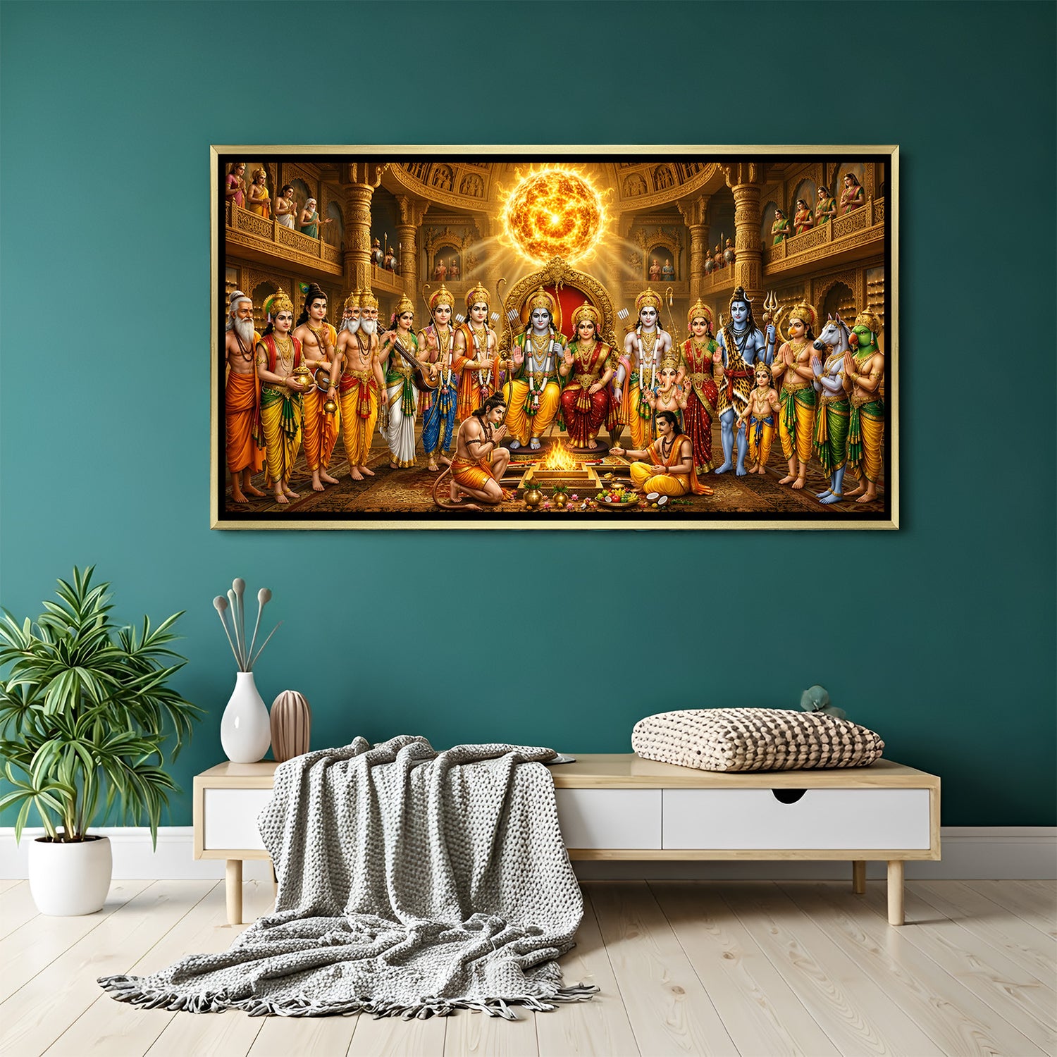 Royal Ram Darbar canvas painting in luxurious golden floater frame featuring the divine family of Ayodhya